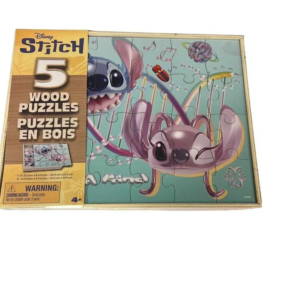 Disney Stitch Wooden Puzzle Set 5-Pack w/ Storage Box & Tray Ages 4+
